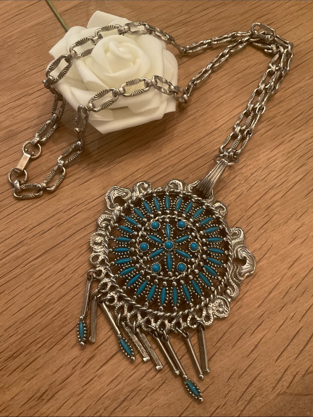 Turquoise Color Silver-Tone Bohemian Pendant Necklace - Women Jewelry - Picture 3 of 5